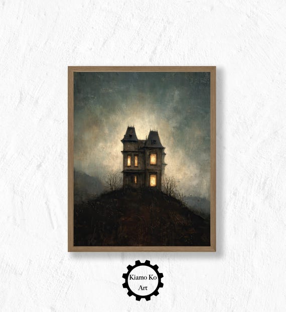 Scary House On A Hill Art Print Cozy Landscape Decor Vintage Wall Home Gift