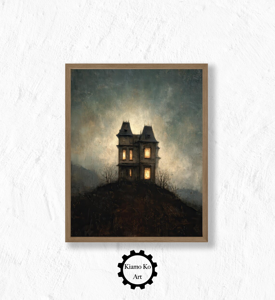 Gothic House On Dark Hill Glowing Windows Moody Night Art Poster