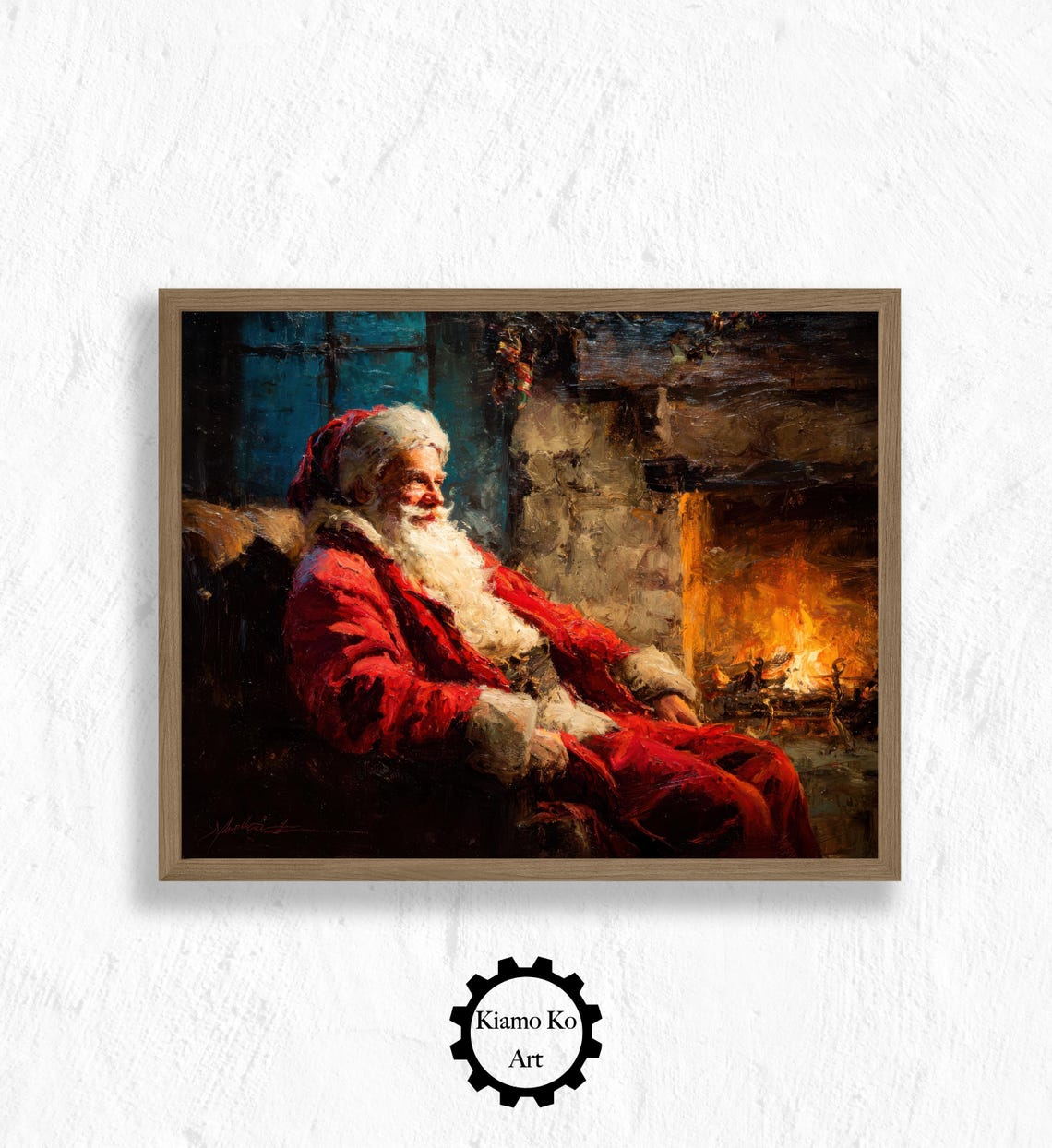 Santa Claus Asleep by a Glowing Fireplace Classic Christmas Art Poster