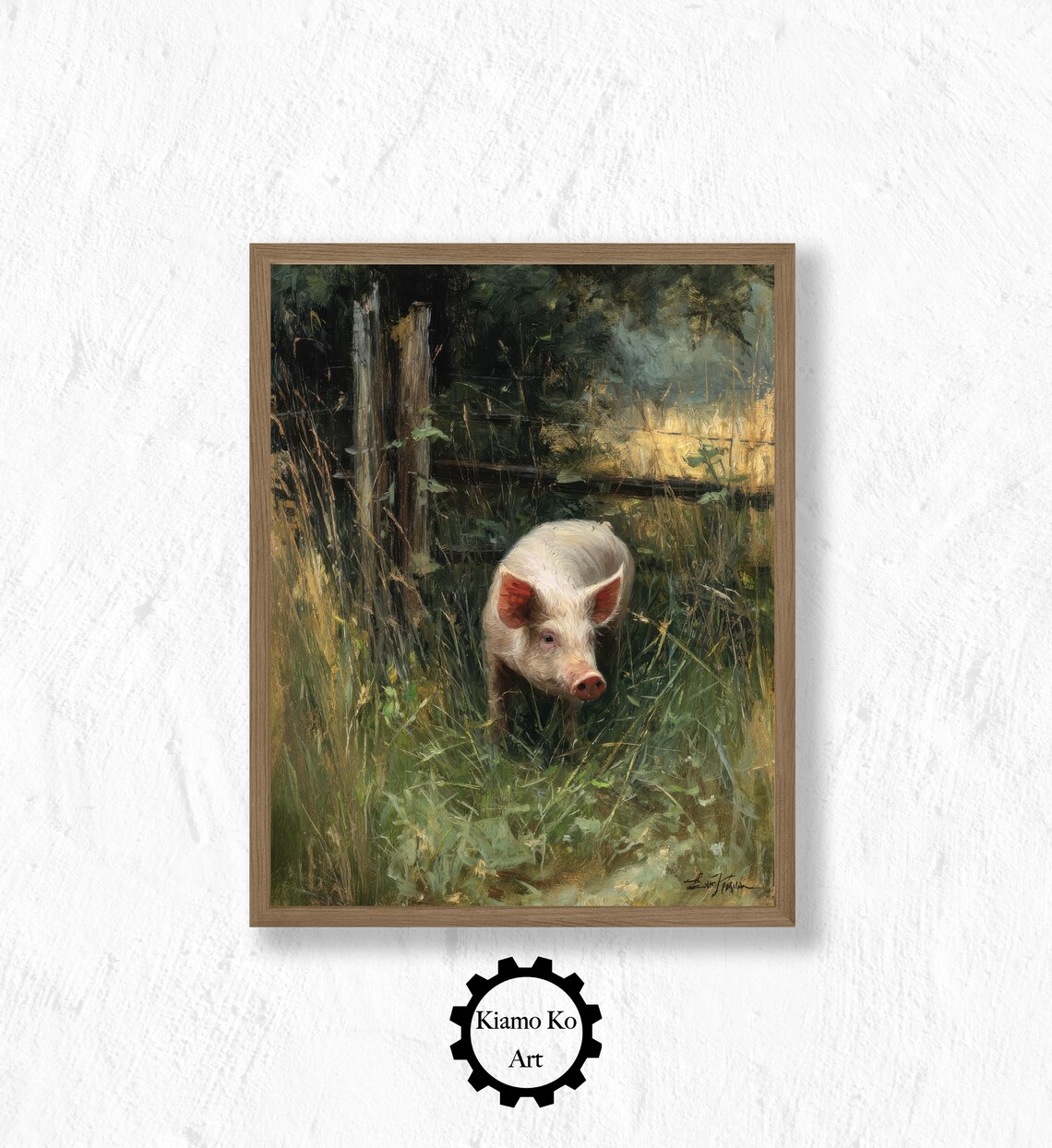 Piglet Standing In Tall Grass By A Wooden Fence Farm Life Poster