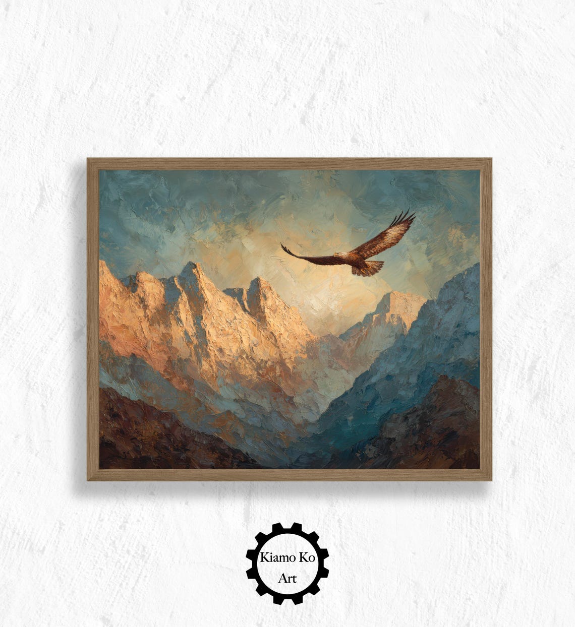 Majestic Eagle Soaring Over Sunlit Rocky Mountain Peaks Oil Art Poster