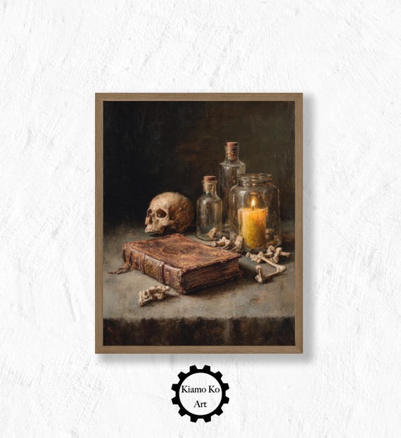 Skull And Book Still Life Art Vintage Wall Decor Gothic Home Dark Academia