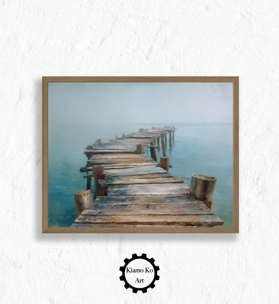 Weathered Wooden Dock into a Foggy Turquoise Sea Coastal Landscape Poster