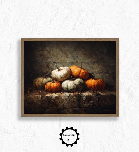 Orange and White Pumpkins Piled on a Stone Ledge Autumn Still Life Poster
