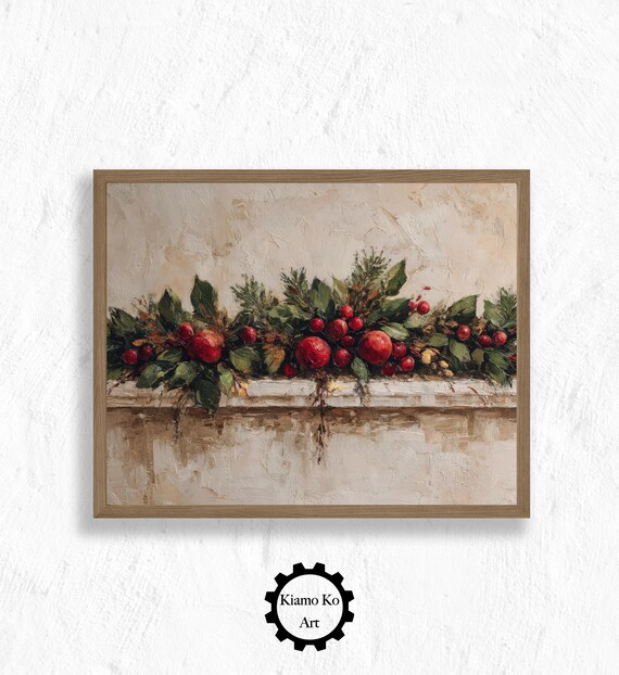 Winter Garland With Red Apples and Holly Berries on a Ledge Festive Poster