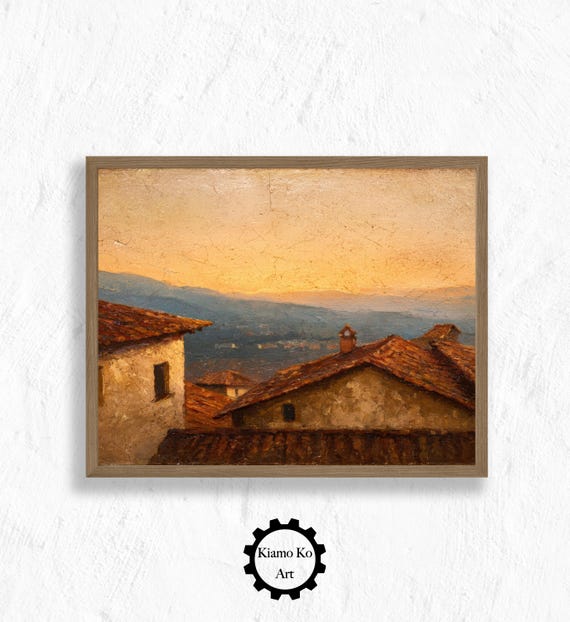 Village Sunset Landscape Cozy Home Decor Art Nature Wall Vintage