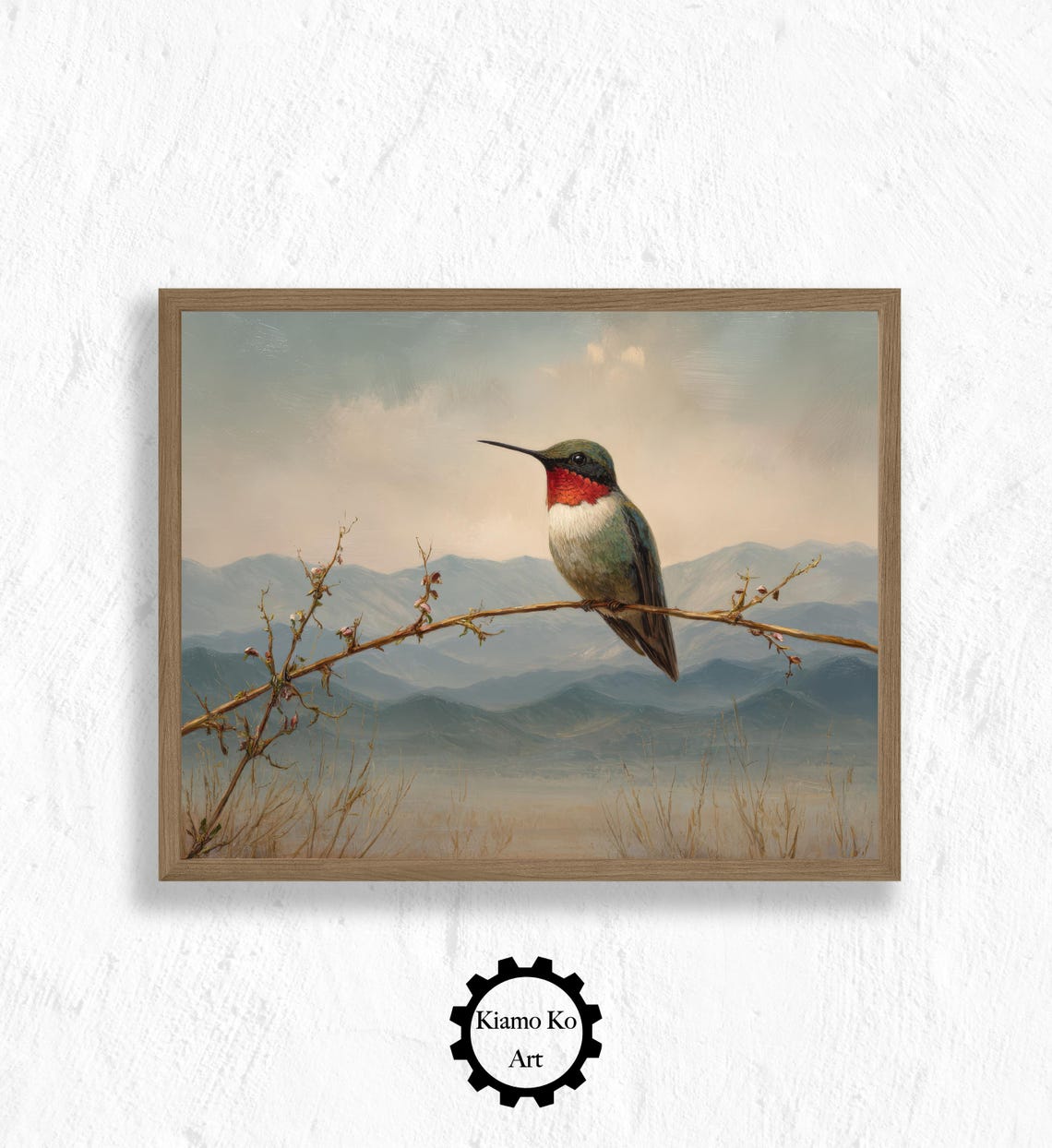 Ruby-Throated Hummingbird Perched On A Branch With Mountains Poster