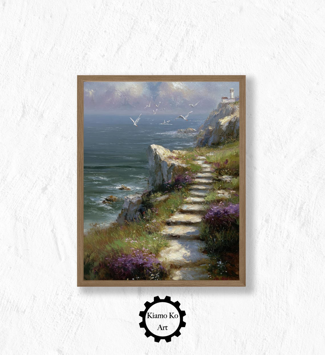 Cliffside Ocean Path with Seagulls and Lighthouse Coastal Art Poster