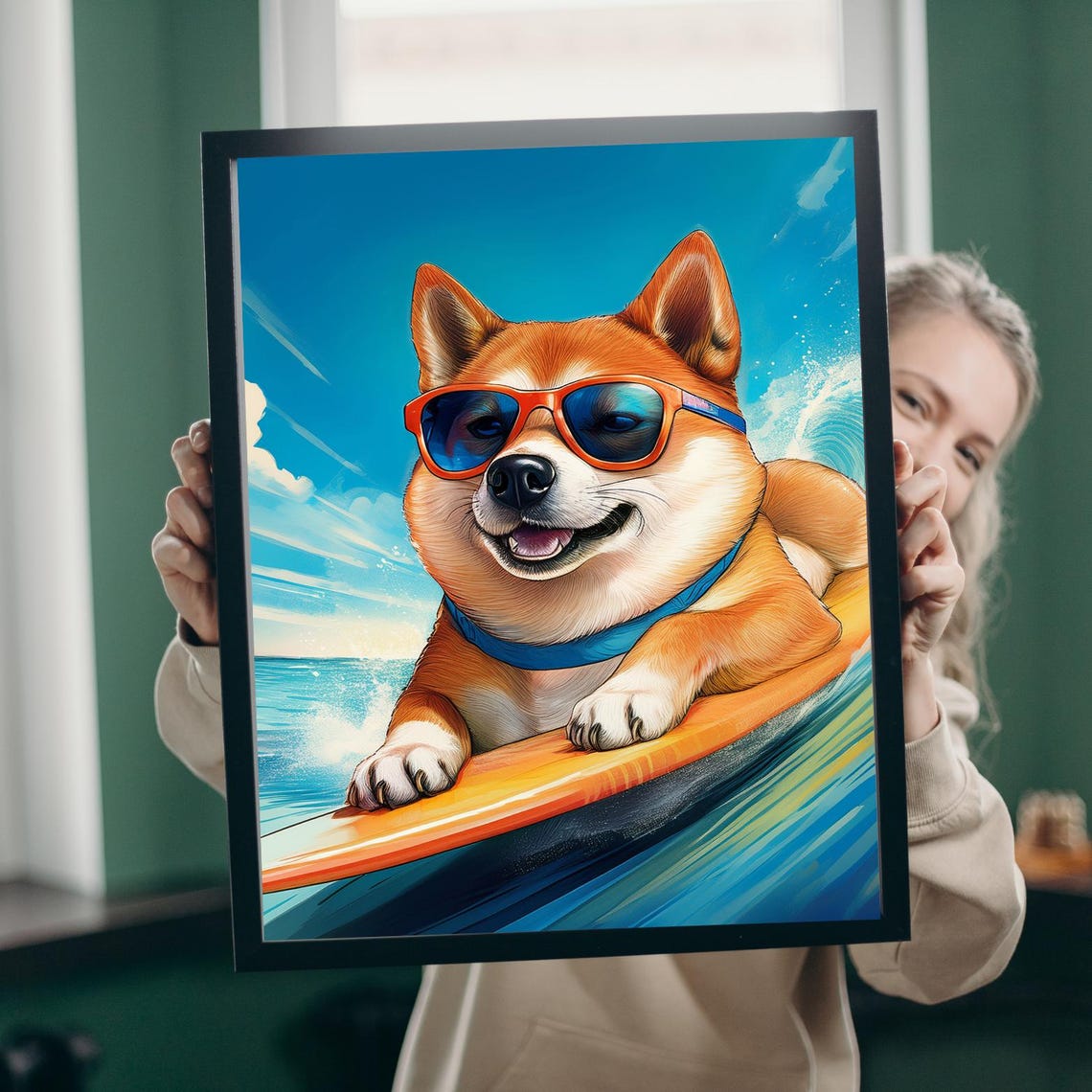 Smiling Shiba Inu Surf Dog Orange Sunglasses Ocean Wave Poster