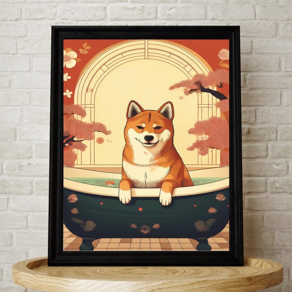 Shiba Inu Wall Art Japanese Dog Poster Japandi Bathroom Decor Cute Pet Illustration Modern Lover Gift Kawaii Artwork