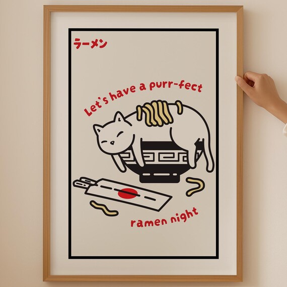 Let's Have A Purrfect Ramen Night Cute White Cat Kitchen Art Poster