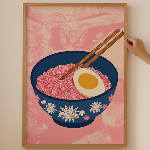 Pink Noodle Ramen Bowl Blue Floral Ceramic Chopstick Japanese Art Poster