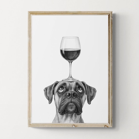 Boxer Dog Art Print Funny And Wine Drawing Lover Wall Decor Lovers Gifts