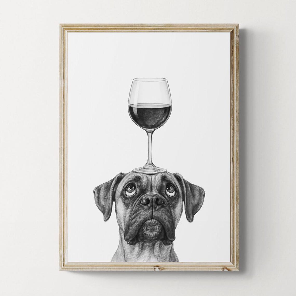 Boxer Dog Balancing Wine Glass on Head Funny Sketch Art Poster