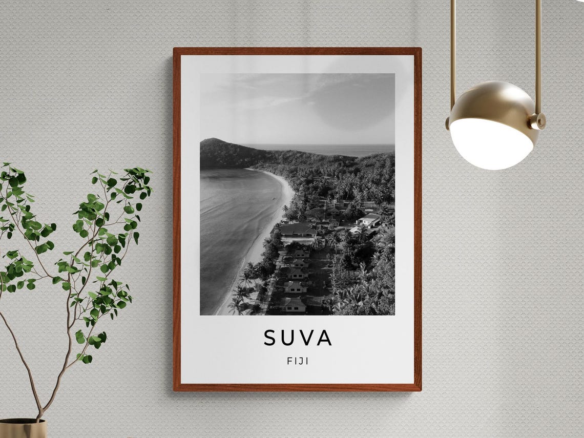 Suva Fiji Tropical Beach Aerial Palm Coast Black White Poster - Image 3