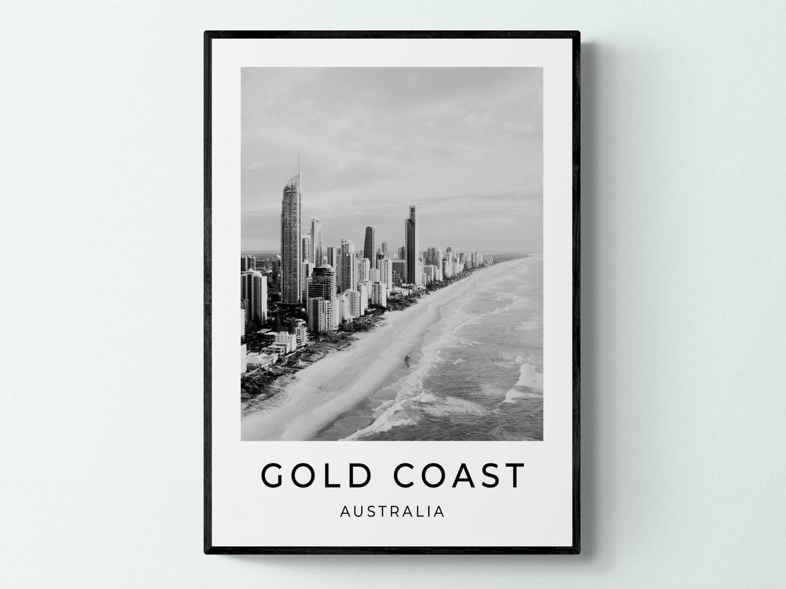 Gold Coast Australia Beach Skyline High Rises Monochrome Travel Poster