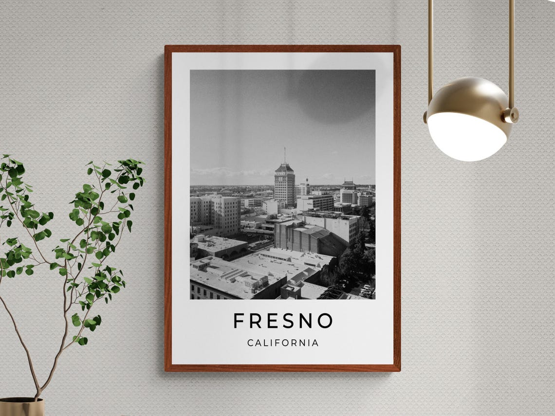 Fresno California Downtown Skyline Monochrome Black White City Poster - Image 3