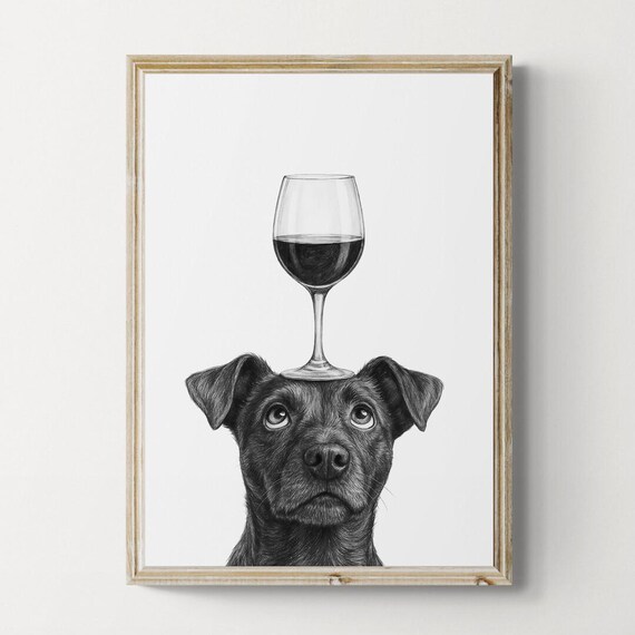 Patterdale Terrier Dog Art Print Funny And Wine Drawing Lover Wall Decor Lovers Gifts