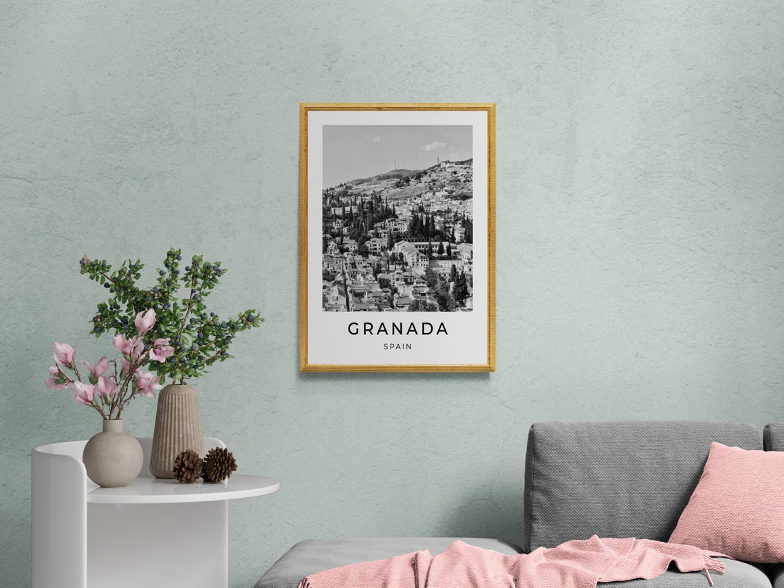 Granada Spain Old Town Hillside Rooftops Black And White Travel Poster - Image 2