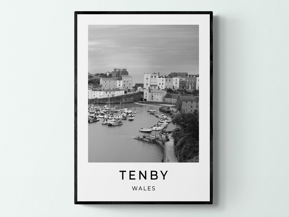 Tenby Wales Harbor Boats Pastel Terrace Houses Seaside View Poster