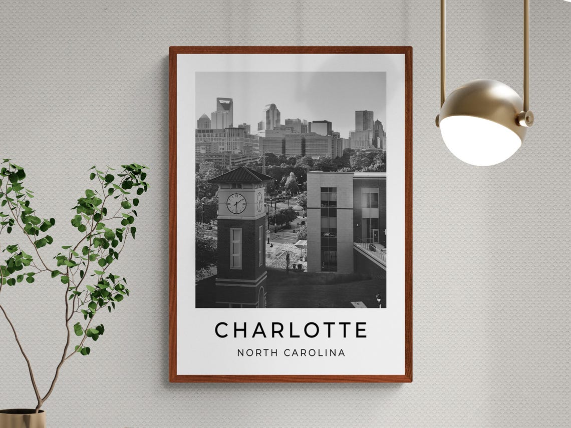 Charlotte North Carolina Uptown Skyline Clock Tower Black White Poster - Image 3