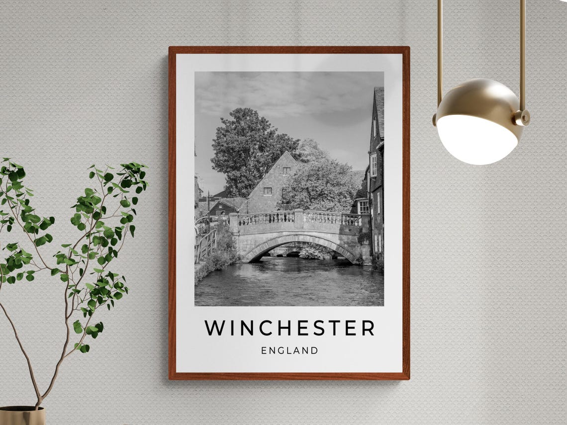 Winchester England Historic Stone Bridge River View Monochrome Poster - Image 3
