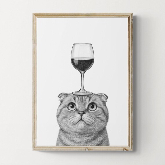 Scottish Fold Cat Art Print Funny And Wine Drawing Lover Wall Decor Lovers Gifts