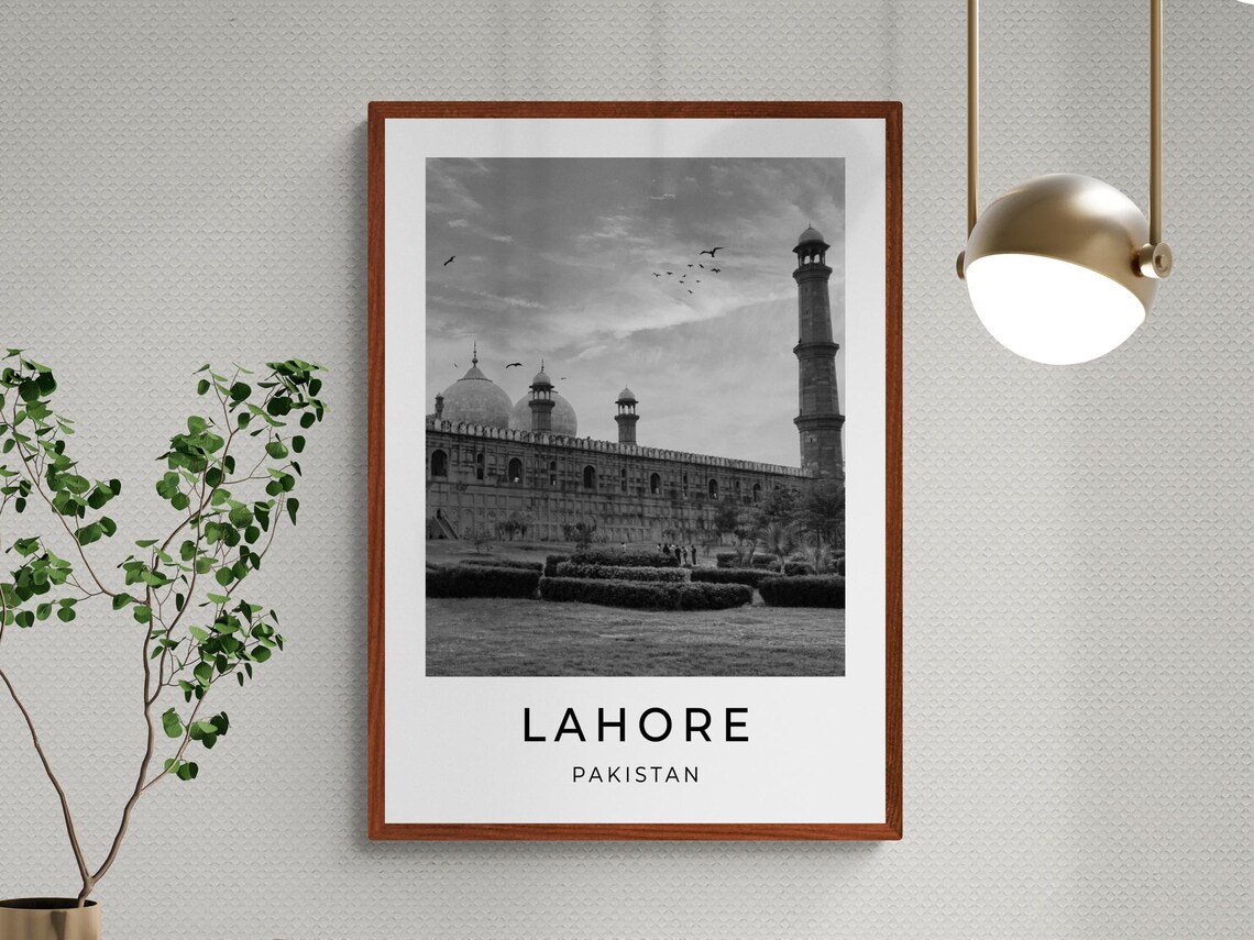 Lahore Pakistan Badshahi Mosque Minarets Monochrome Travel Poster - Image 3