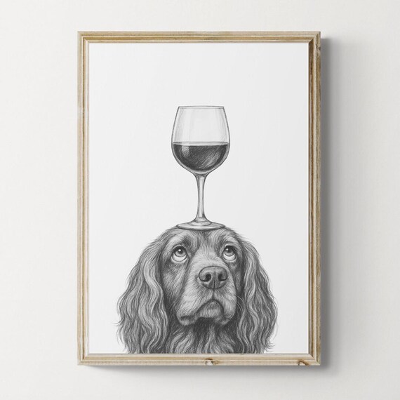 Sussex Spaniel Dog Art Print Funny And Wine Drawing Lover Wall Decor Lovers Gifts