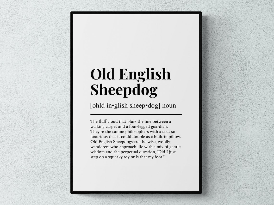Old English Sheepdog Dog Dictionary Definition Black White Poster