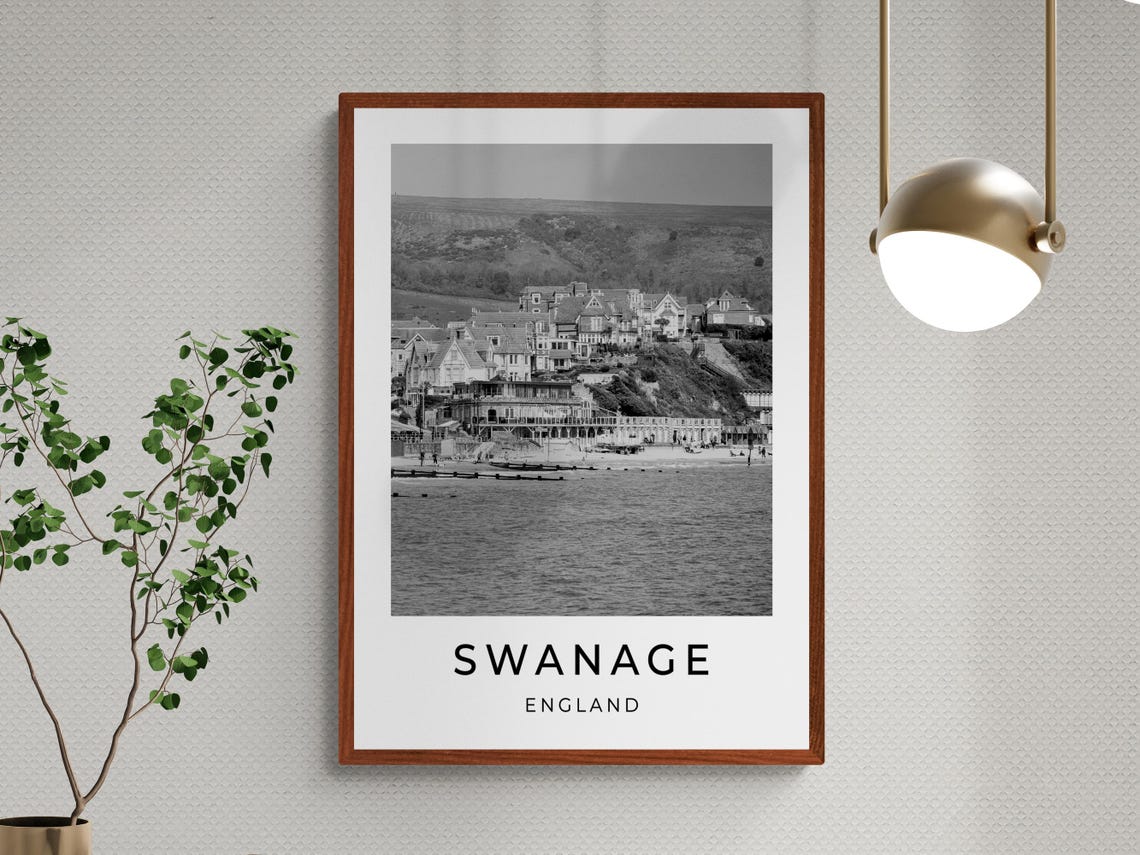 Swanage England Black White Monochrome Seaside Town Travel Poster - Image 3