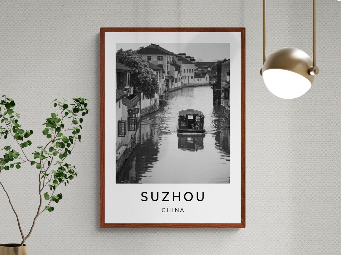 Suzhou China Ancient Water Town Canal Boat Black White Travel Poster - Image 3