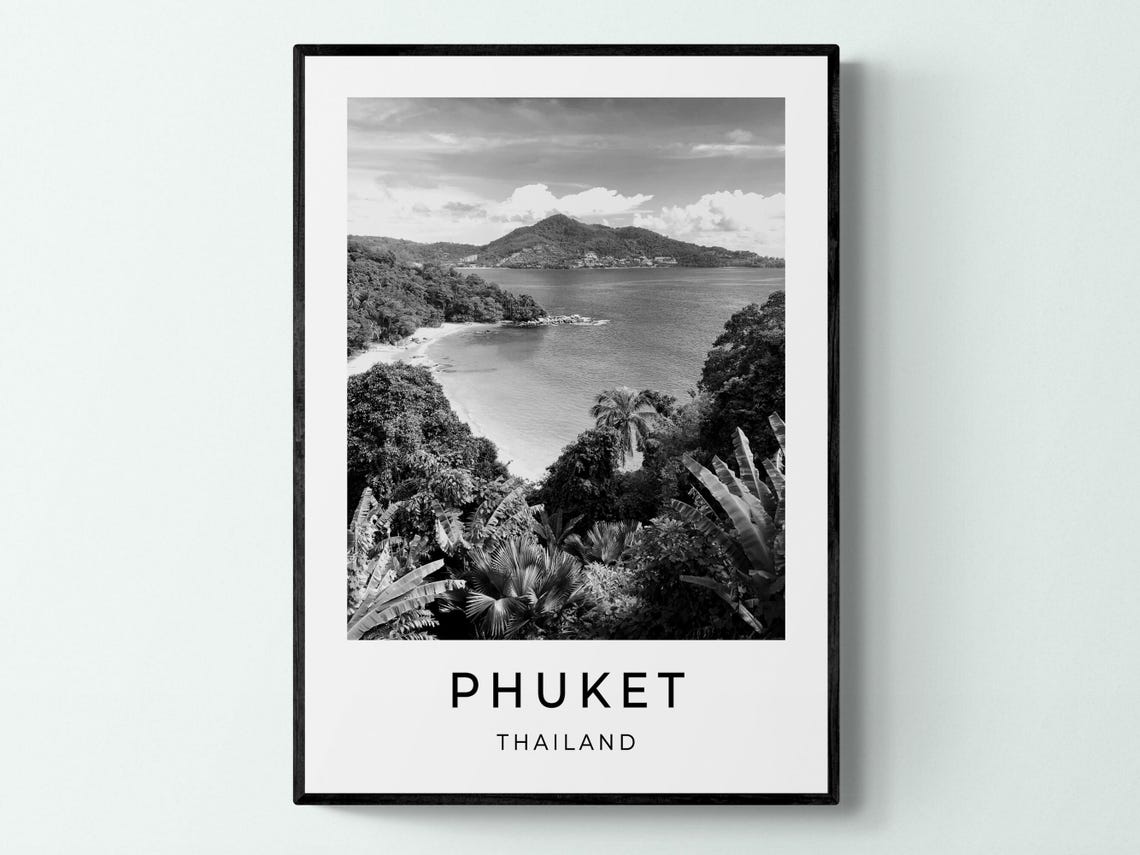 Phuket Thailand Tropical Bay Jungle Black And White Travel Poster