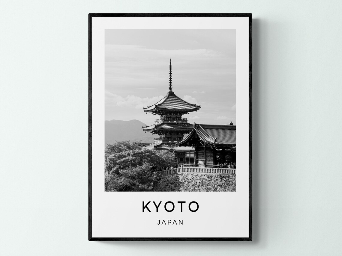 Kyoto Japan Temple Pagoda Black And White Monochrome Travel Poster