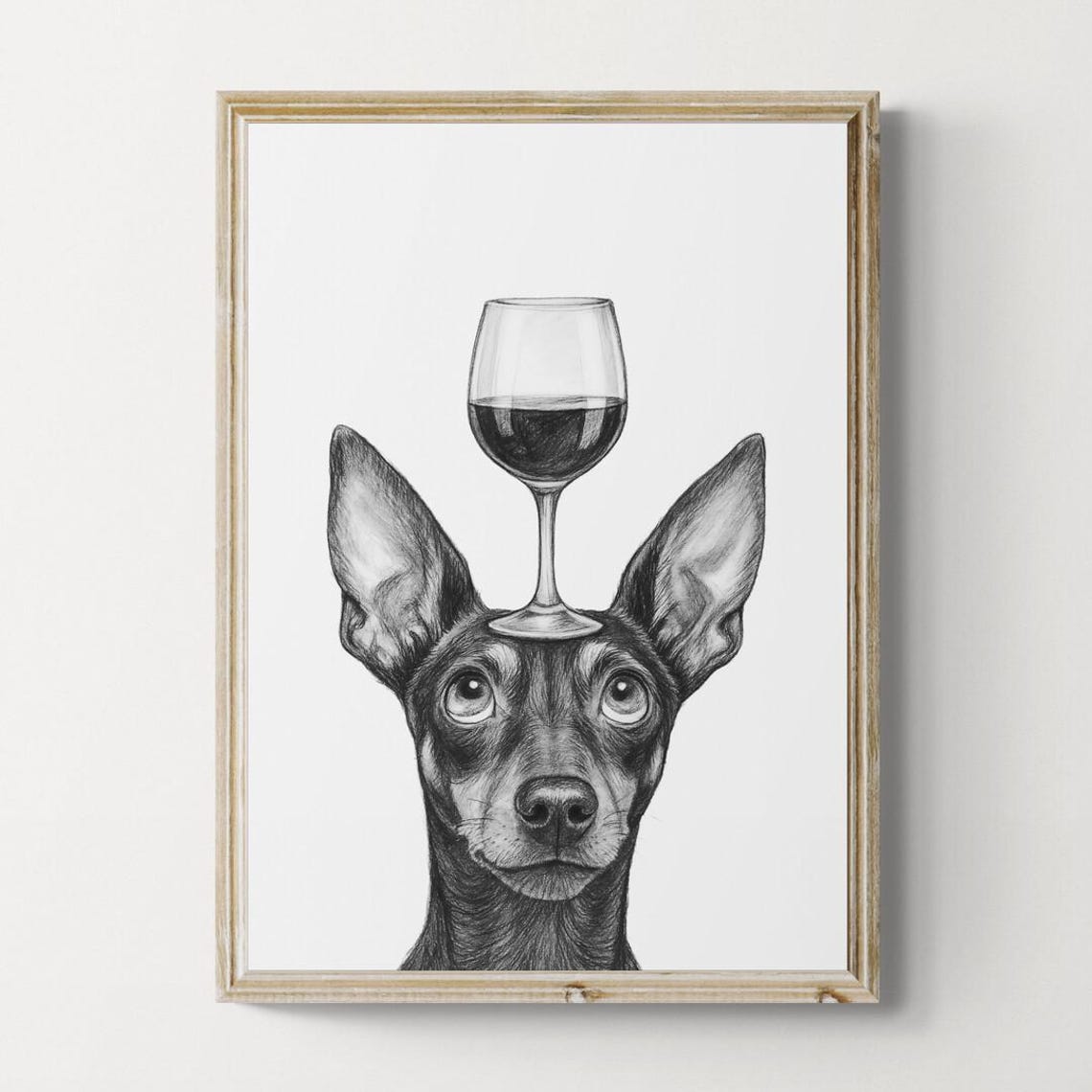 Miniature Pinscher Balancing Red Wine Glass Cute Dog Sketch Poster
