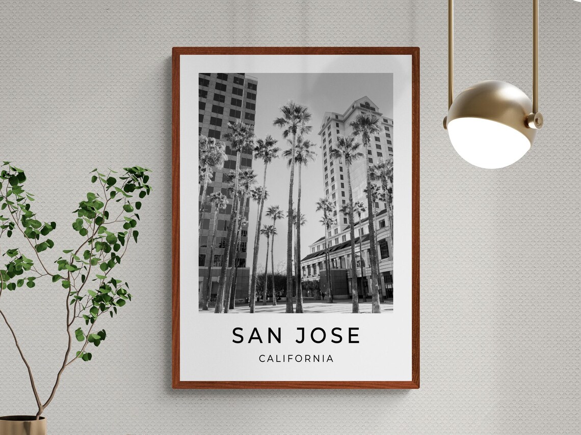 San Jose California Downtown Palm Tree Plaza Black White Travel Poster - Image 3