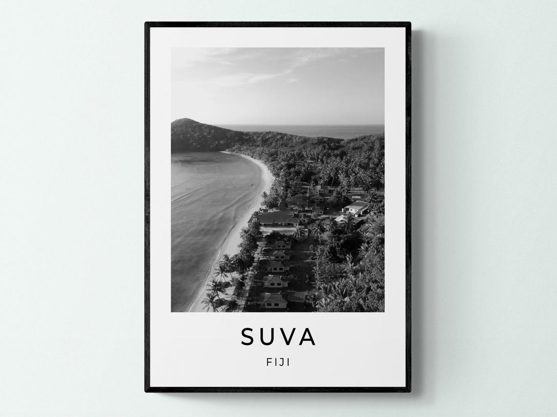 Suva Fiji Tropical Beach Aerial Palm Coast Black White Poster