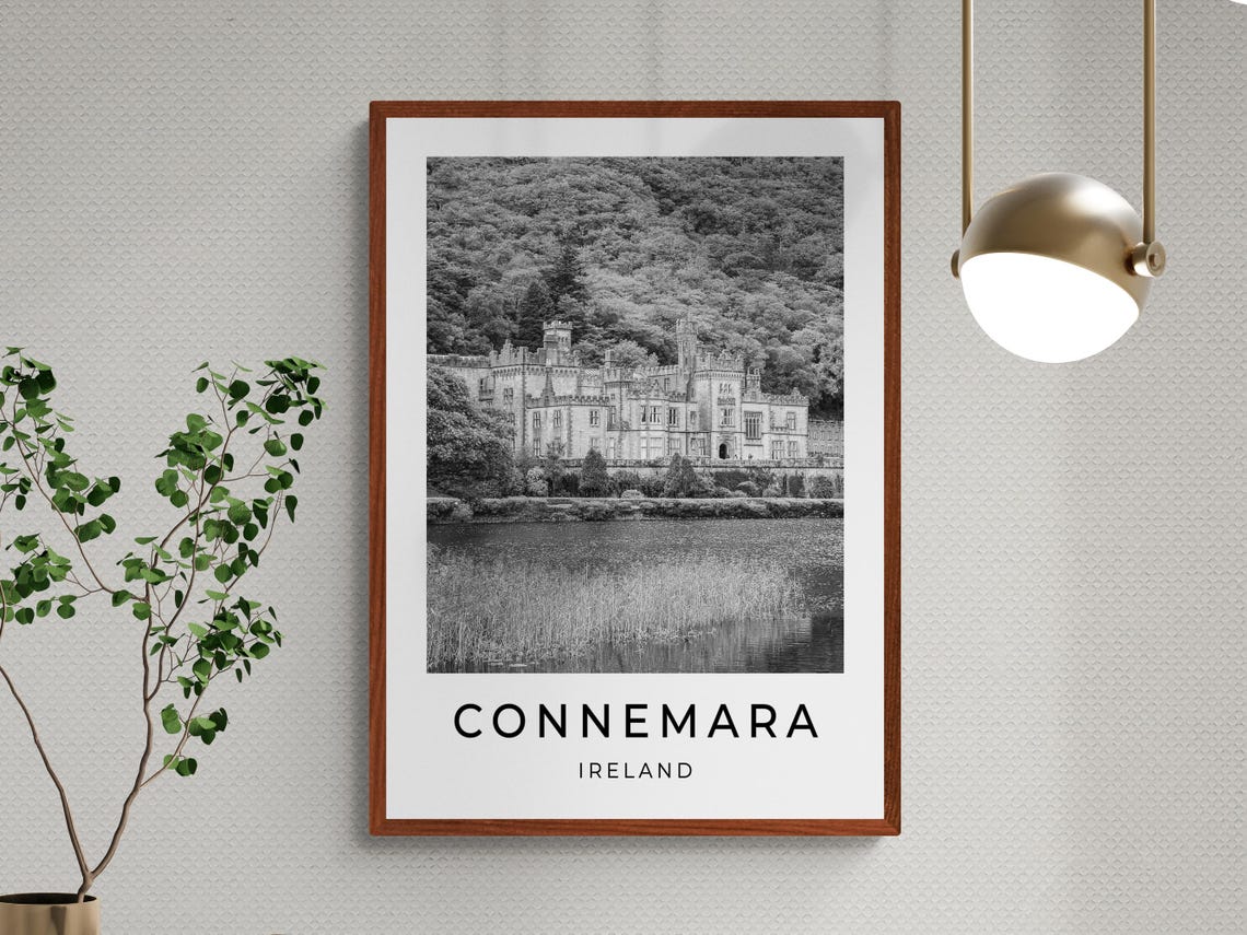 Connemara Ireland Kylemore Abbey Lake Black And White Travel Poster - Image 3