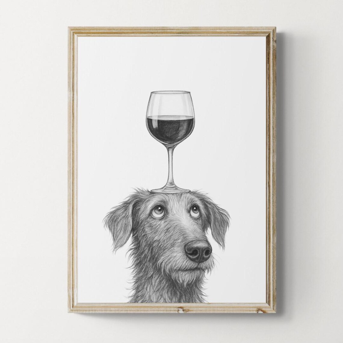 Deerhound Dog Balancing Wine Glass Whimsical Pencil Sketch Poster