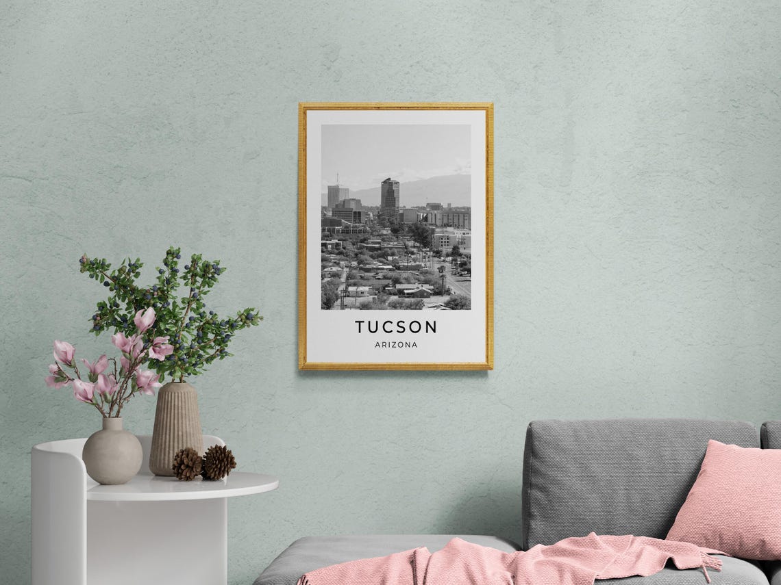 Tucson Arizona Downtown Skyline Desert Mountains Monochrome Poster - Image 2