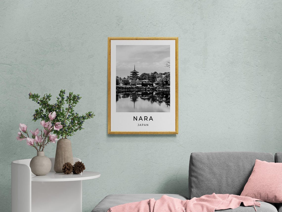 Nara Japan Pagoda Pond Reflection Serene Black White Travel Poster - Image 2