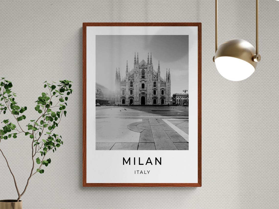 Milan Italy Black and White Duomo Cathedral Square Travel Poster - Image 2