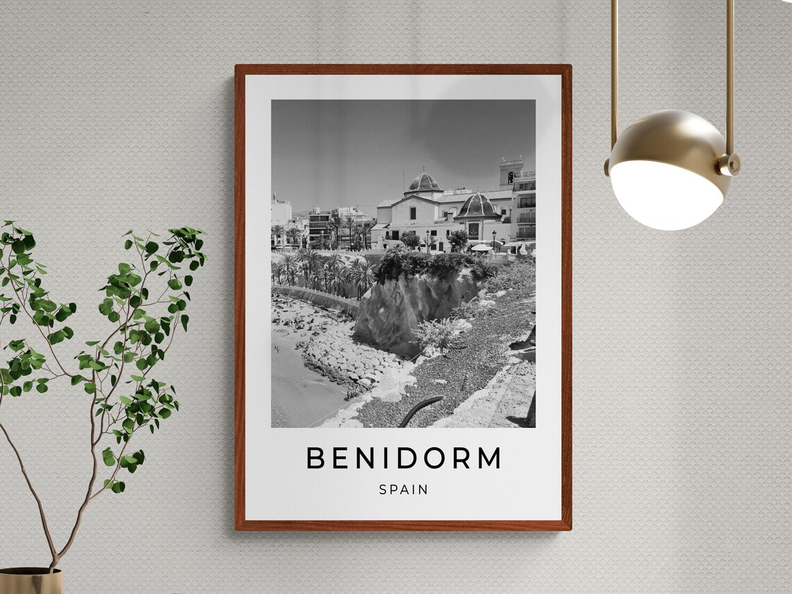 Benidorm Spain Old Town Church Cove Beach Black White Travel Poster - Image 3