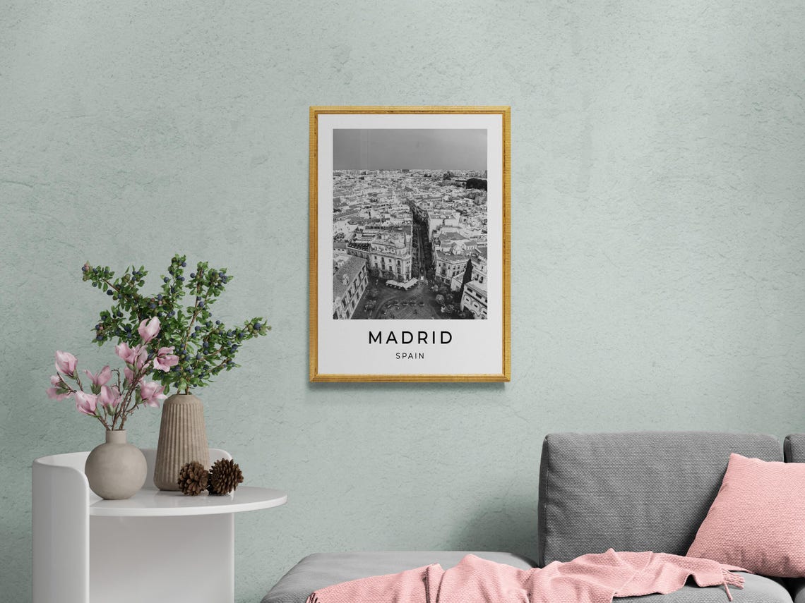 Madrid Spain Old Town Rooftops Aerial Black And White Travel Poster - Image 2