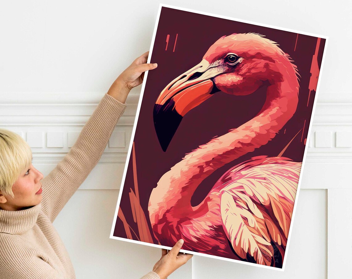 Pink Flamingo Portrait Poster Close Up Elegant Tropical Bird Decor - Image 3