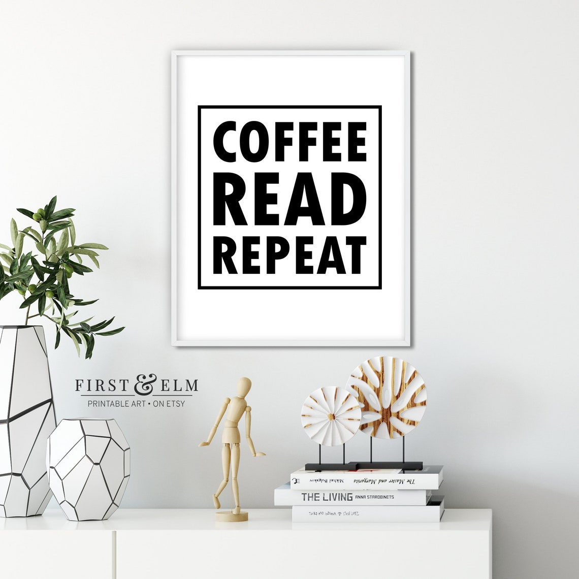 Coffee Read Repeat Book Lover Green Reading Nook Decor Art Print - Image 3
