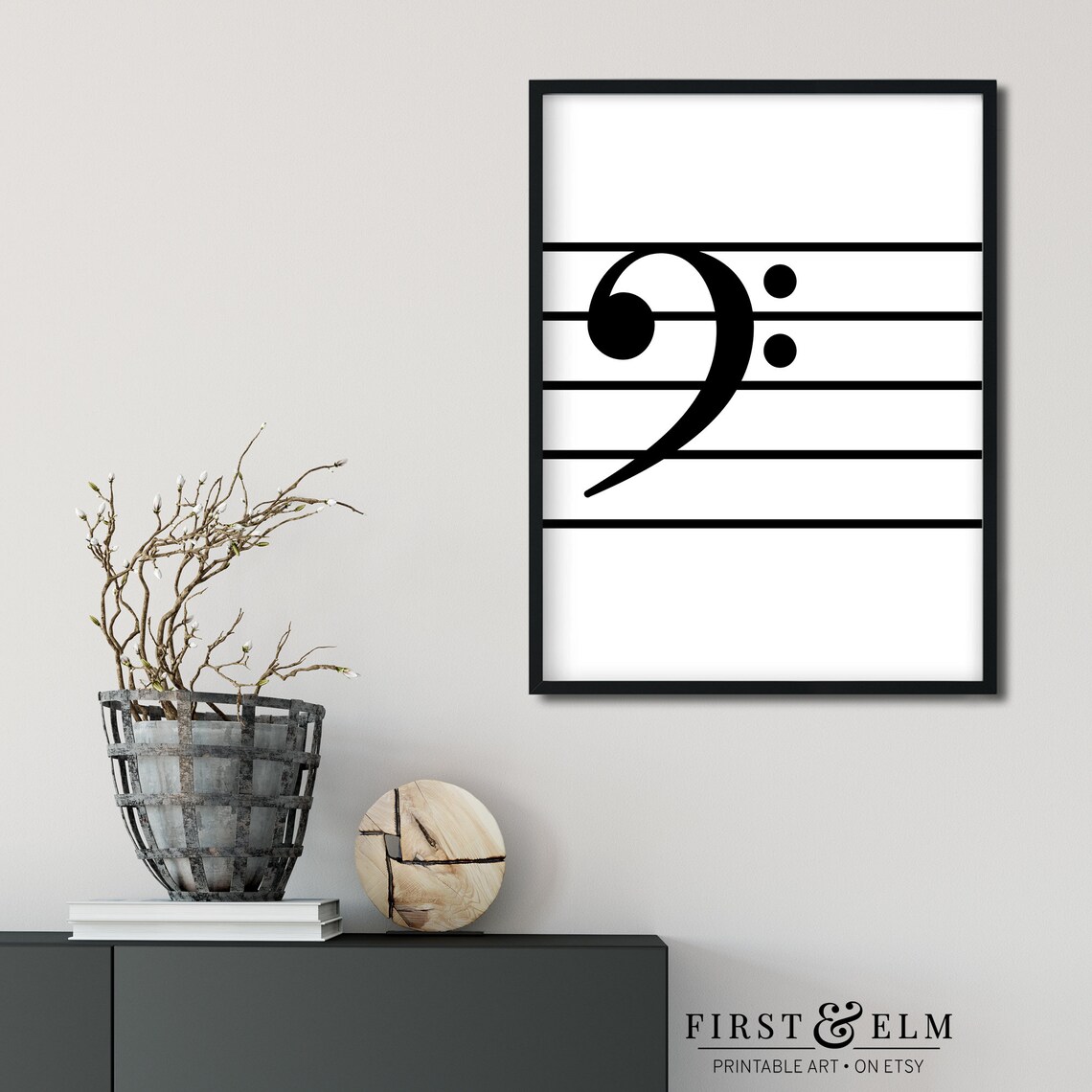 Minimalist Bass Clef on Staff Lines Black and White Music Poster - Image 2