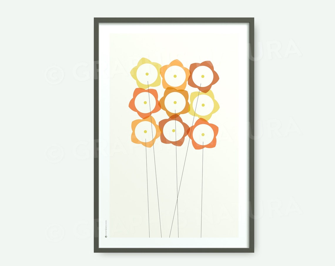 Warm Orange Wildflower Grid Minimalist Botanical Flower Poster