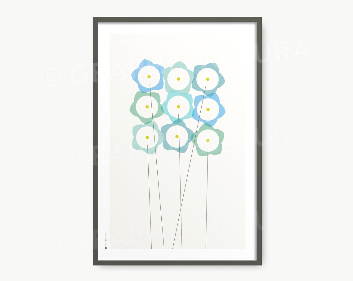 Pastel Blue Wildflower Grid Minimalist Botanical Flower Poster