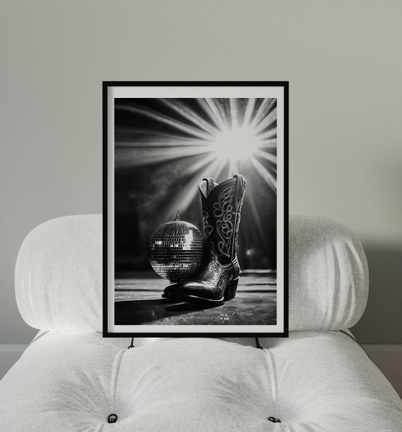 Cowgirl Boots Wall Art For Bar Cart Decor Black And White Disco Ball Poster Prints Retro Girls Dorm Room Decor Disco 1970s Party Art